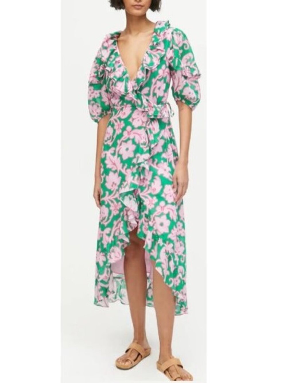 NEW $475 RHODE LYDIA GREEN WRAP AROUND RUFFLE DRESS IN TAKE IT EASY PRINT XS